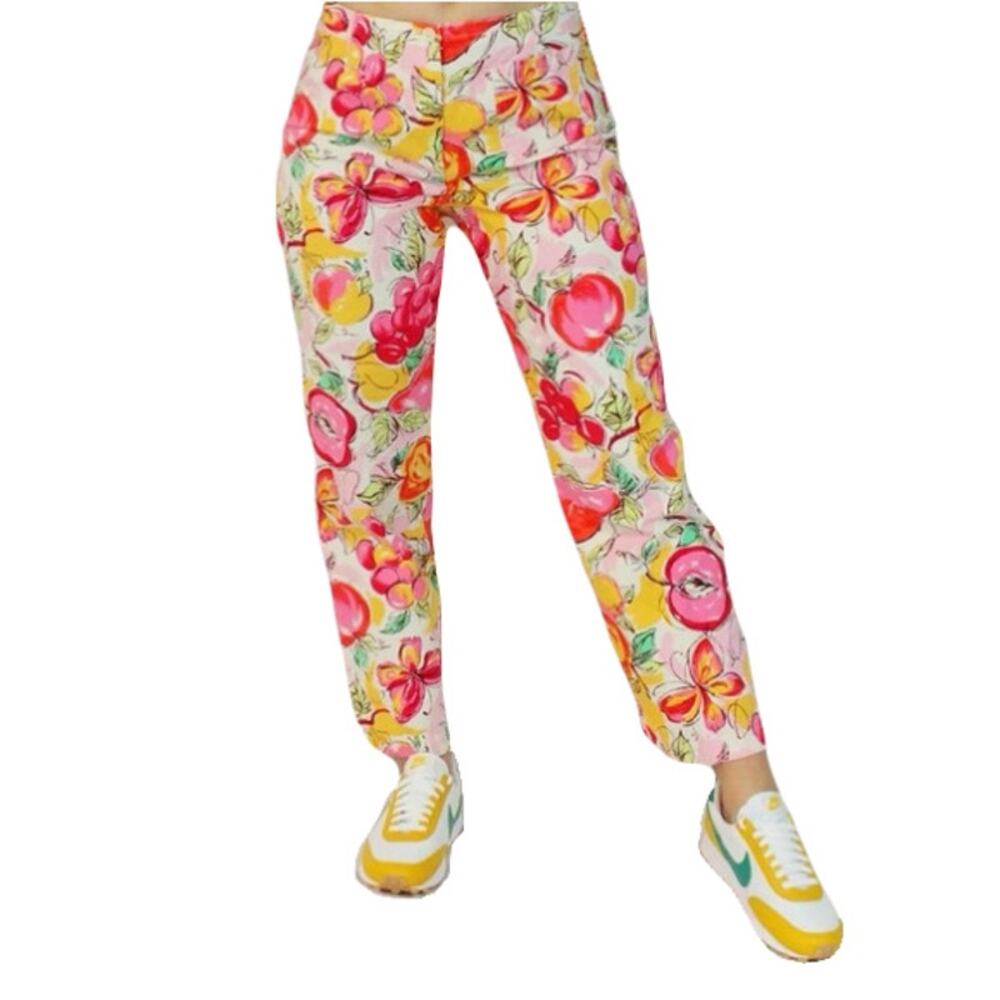 NWOT Vintage TALBOTS Pants 12 Fruits Pink Yellow Straight-Leg Zip Cotton Stretch